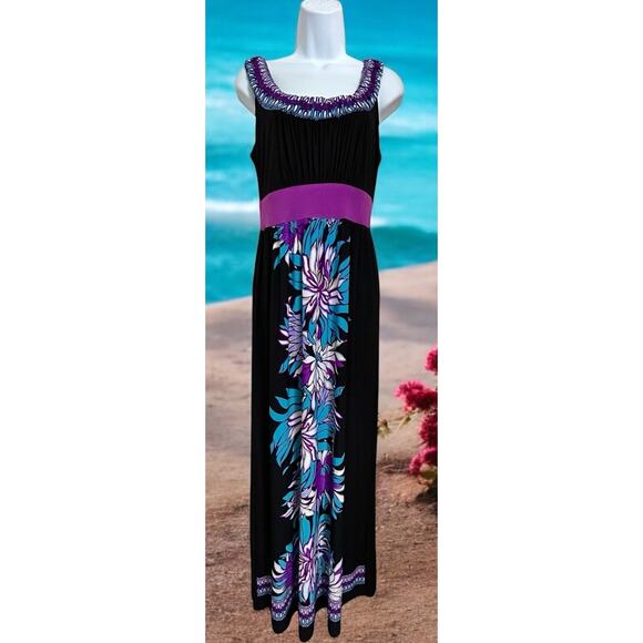 Tiana B. Maxi Dress Sz M Black Tropical Floral Sleeveless Scoop Neck Sundress - Picture 1 of 7